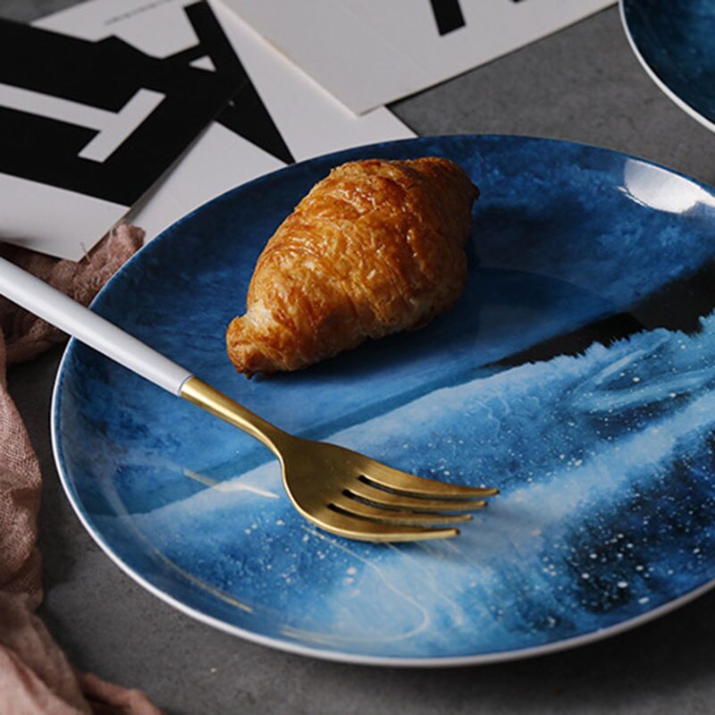 stary Dinner Plate Ceramic Dish Steak Salad Tray Dessert & Bread Plate Home Decor round Dish Specialty Plates fruit cake pastry