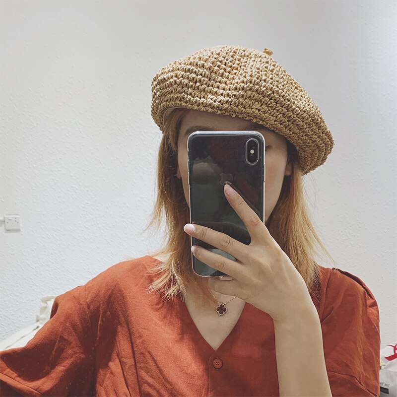 Adjustable Weave Beret Straw Hats For Women Summer Breathable Travel Beach Sun Hat Casual Artist Caps Chapeau Femm