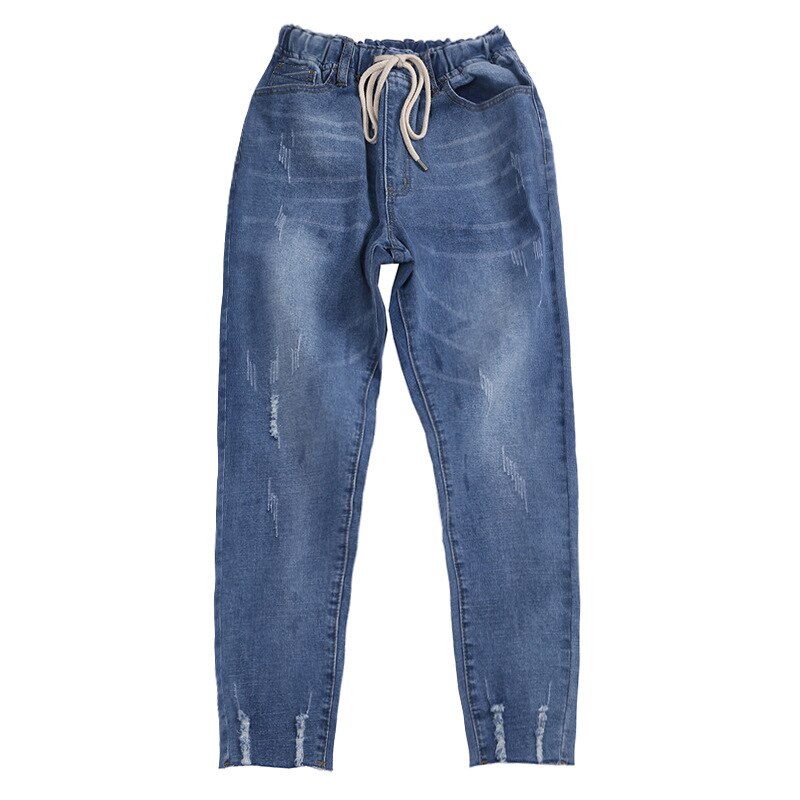 Zerrissenen Jeans Für Frauen Hohe Taille Plus Größe Kordelzug verlieren Denim Pluderhosen Femme 5xl 6xl 7XL 130kg