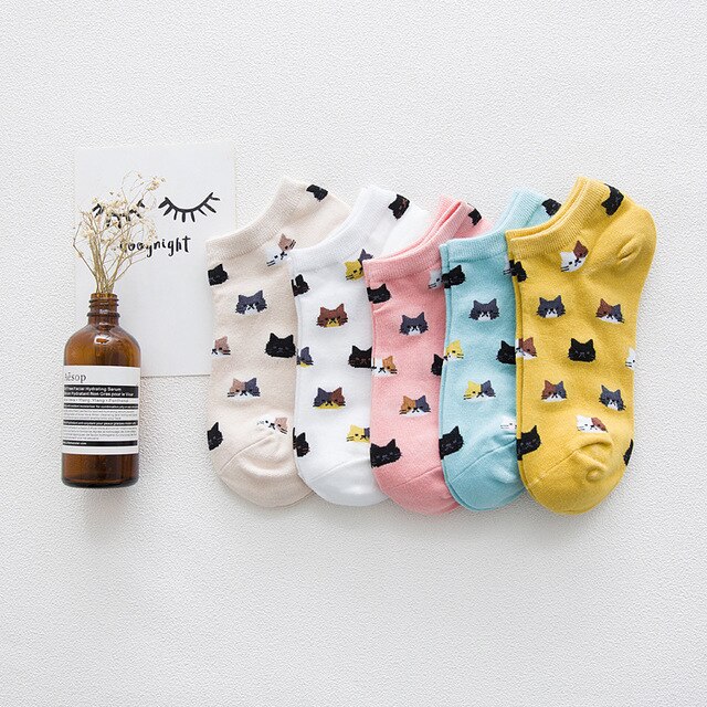 Calcetines tobilleros con de gato para Mujer, medias cortas con dibujos de animales, coreana, Kawaii, informal, 5 pares: Beige