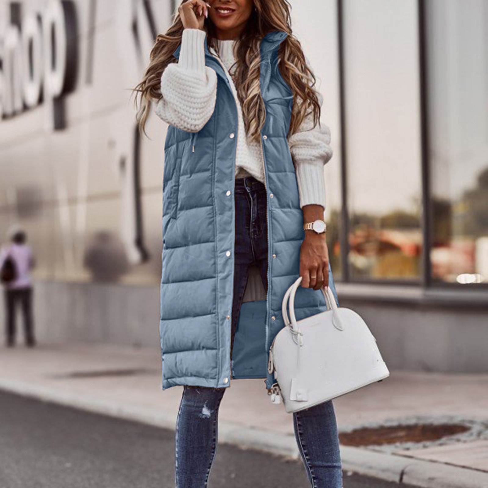 Winter Women's Long Quilted Jacket With Hood Outdoor Sleeveless Down Vest Winter Warm Quilted Coat With Pockets Thermal Parka