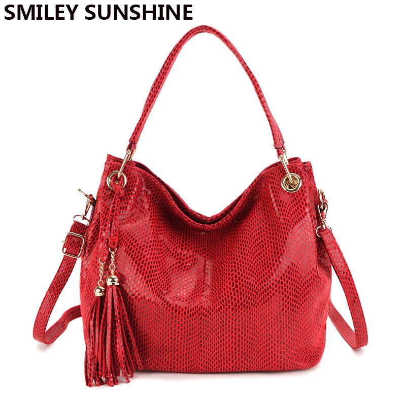 Gold Tassel Women Bags Vintage Hobo Female Red Leather Handbags Large Ladies Shoulder bags Big Crossbody Bags for Women: Red