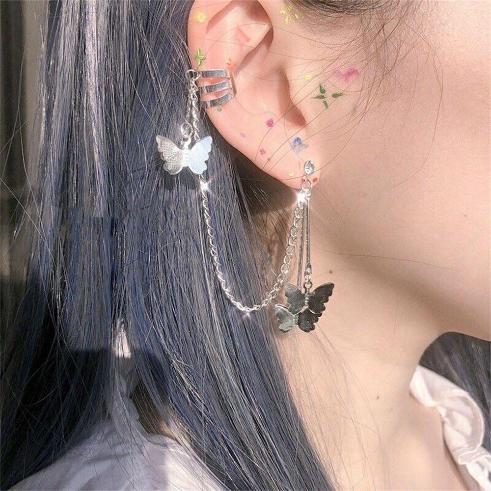 Kristallen Vlinder Oor Manchet Niet Doorboord Insect Dangle Stud Mode-sieraden Helix Kraakbeen Valse Piercing Lange Keten Kwastje Oorb