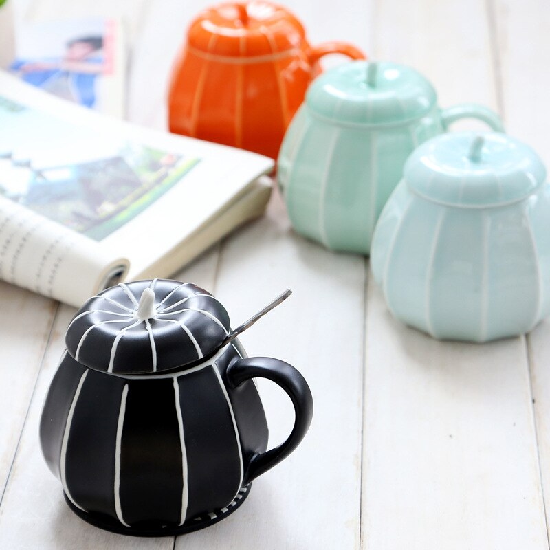Taza de Café de Cerámica de 250ml con tapa, cuchara creativa con forma de calabaza para decoración de Halloween, tazas de celadón para desayuno, tazas de leche