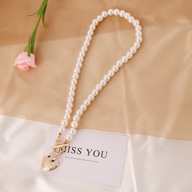 Jewelry Imitation Pearls Ladies Choker Necklace Female Gold Color Heart Pendant Necklaces for Women