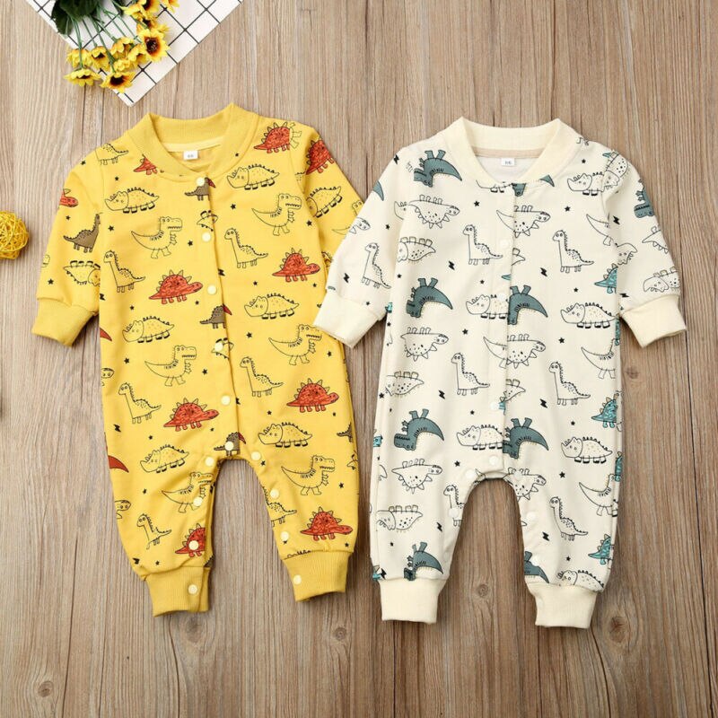 Baby lente herfst kleding peuter baby jongen meisje warme kleding lange mouw dinosaurus romper jumpsuit dieren print outfit