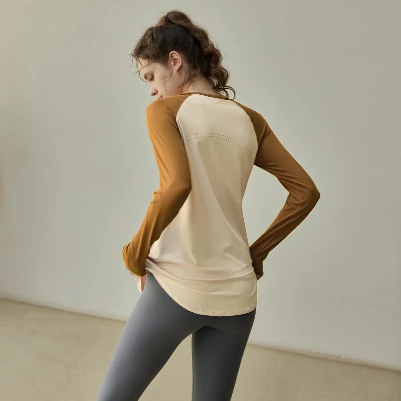 Ademende kleurblok sport yogaset met lange mouwen voor dames afslankende fitnesskleding hoge esthetische waarde: L / Licht Geel