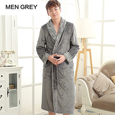 On Lovers Luxury Fur Soft as Silk Bathrobe Men Classic Long Flannel Winter Warm Kimono Bath Robe Male Dressing Gown Robes: Men Grey / L