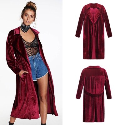 Abrigo de terciopelo con cuello de solapa para mujer, cárdigan de manga larga, prendas de vestir exteriores largas, gabardina informal de talla grande