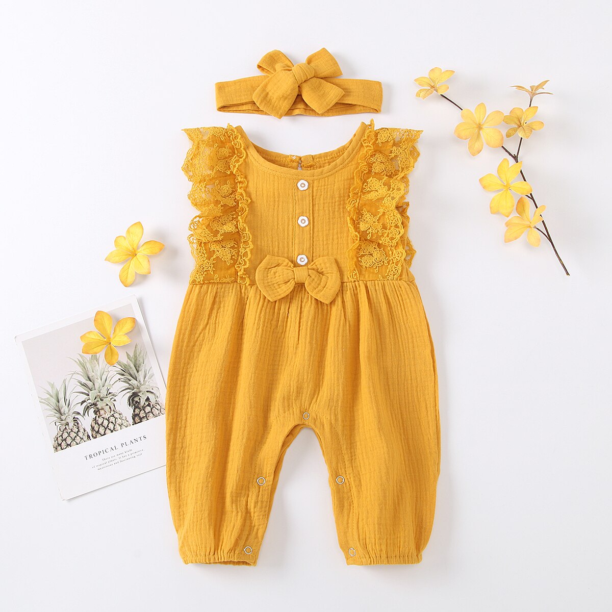 Baby Girl Cotton Linen Romper Two-piece Clothes Set Sleeveless Round Collar Jumpsuit Headdress Pink/ White/ Purple/ Green/Yellow