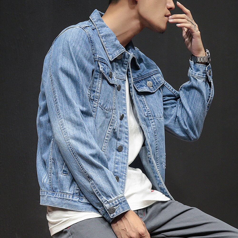 Distressed Blue Denim Jacket men Autumn Ripped Jeans Coat Male Slim Fit Casual Coats Solid Simple Plus Size 3XL Top