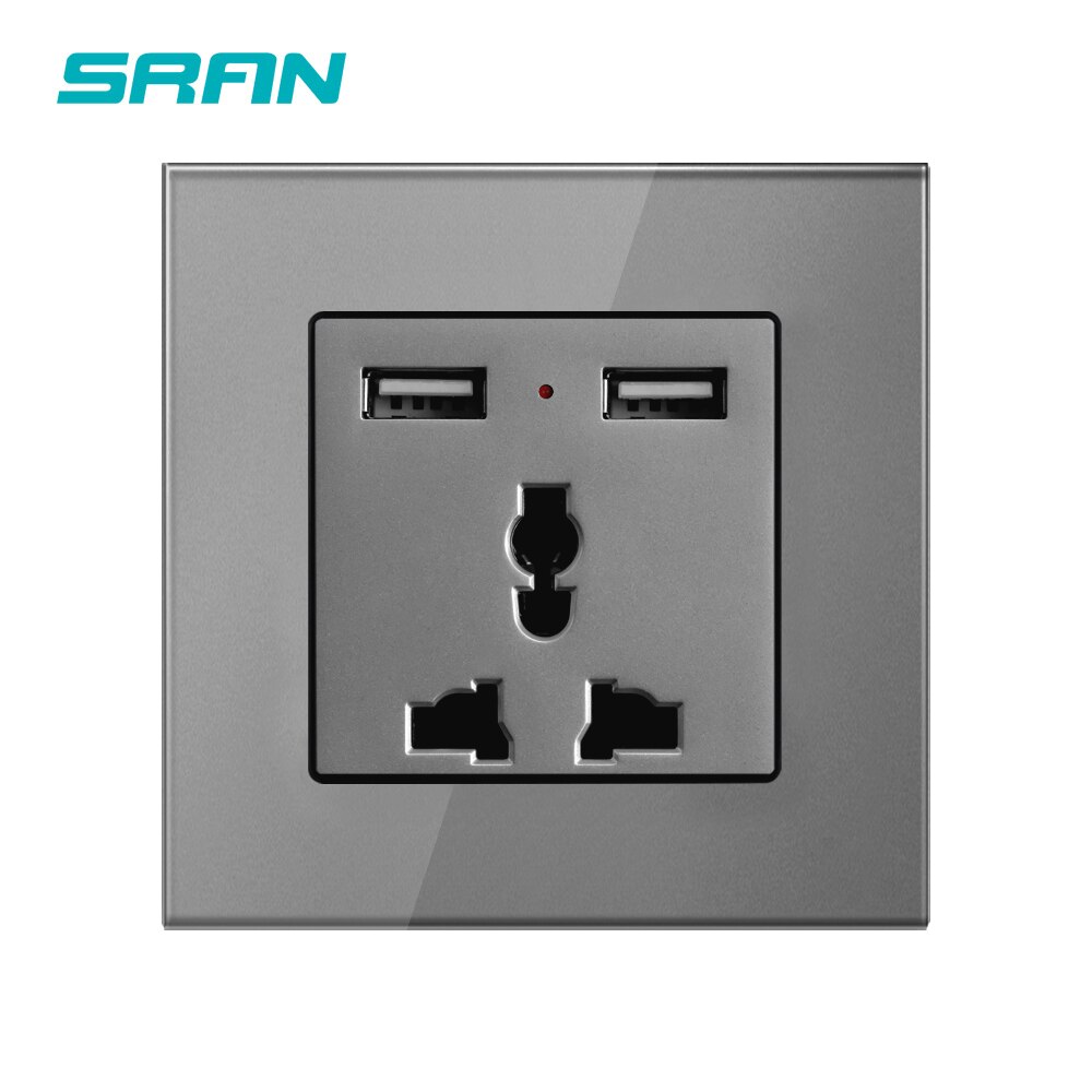 SRAN 3 pin universal power socket with USB,dual usb output 5V 2.1A Crystal glass panel 86mm*86mm white/black wall socket: Gray