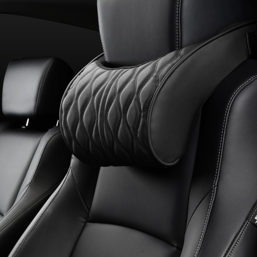 Memory Foam Auto Hoofdsteun Kussen Lederen Geborduurde Seat Ondersteunt Sets Rugkussen Aanpassing Auto Neksteun Lumbale Kussens: Black headrest