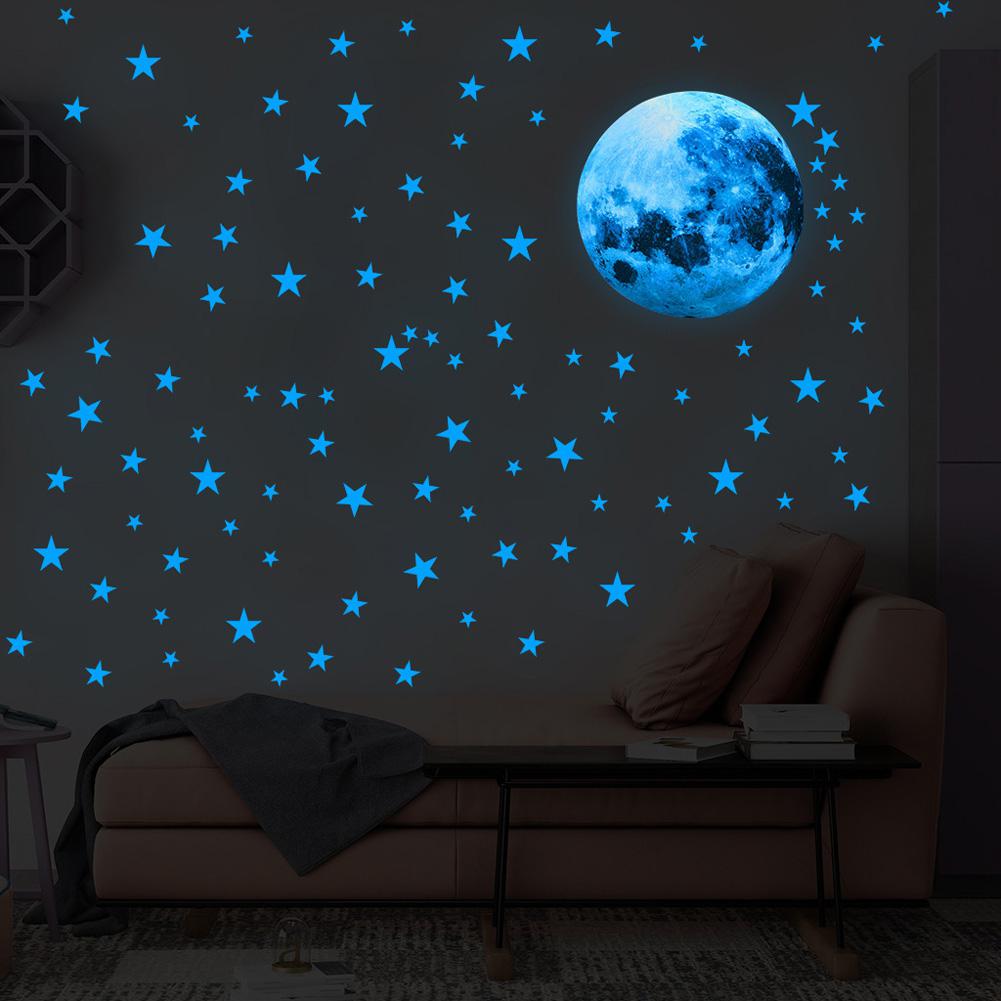 Adeeing 30Cm Blauwe Maan 435Pcs Blauw Lichtgevende Moon Star Sticker 166Pcs Star Glow Sticker Decoratie