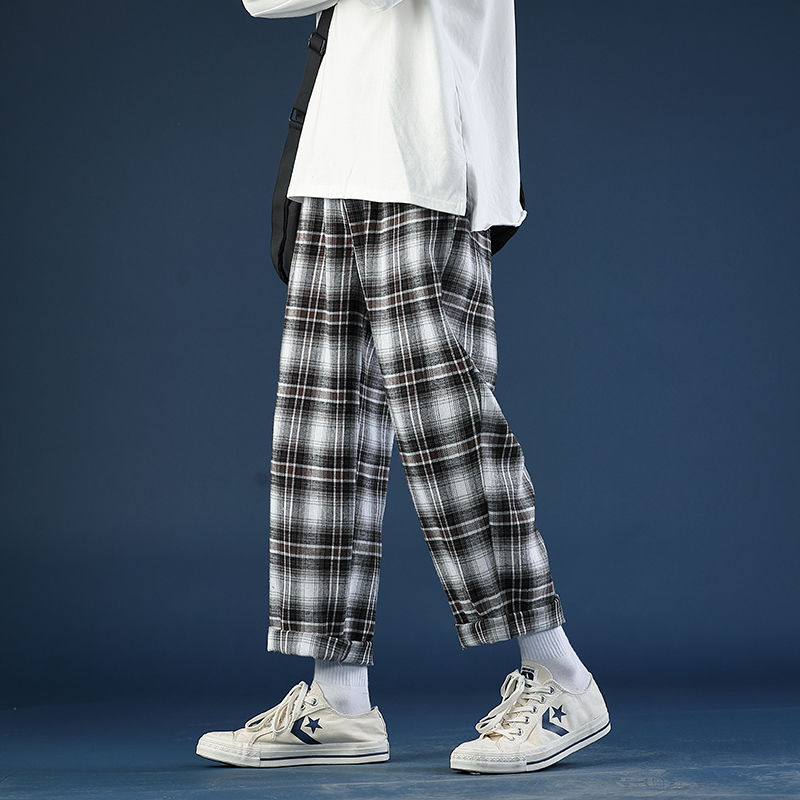 Pantalones a cuadros finos para hombre, ropa de calle informal Retro, salvaje, suelto, con cordón, M-3XL: XXL / light brown