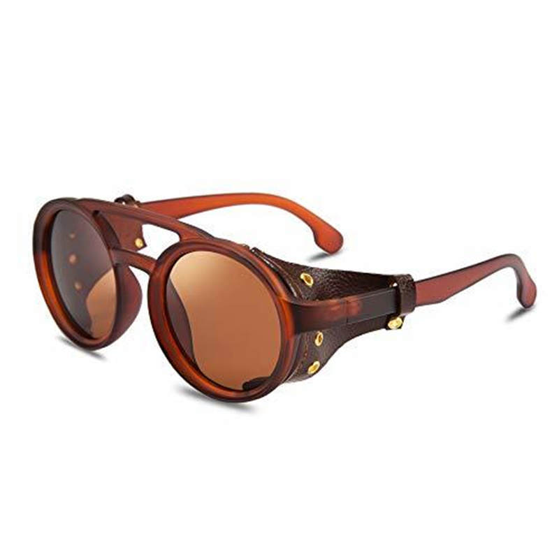 Cool&Ku Retro Round Steampunk Sunglasses Women Men Vintage Eyewear Light Plastic Frame with Leatherwear