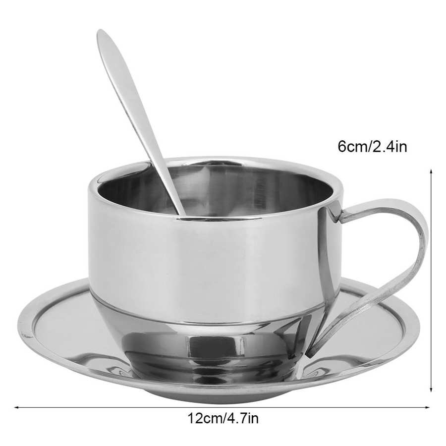 Silver Stainless Steel Anti-Scald Coffee Cup Mugs Espresso Cups with Spoon Saucer Set Tableware: Default Title