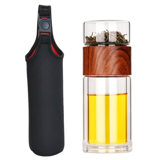 Dobbelt Glas Vandflaske med Etui Te Drik Flaske Infuser Tumbler Drinkware Vandflaske Miljøvenlig: Brun med kasse