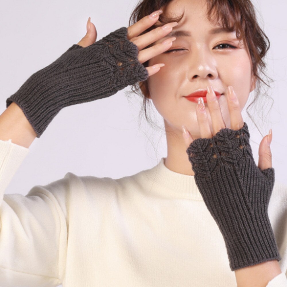 Woman Ladies Fingerless Gloves Winter Warm Soft Knitted Mittens ST007: Dark Grey