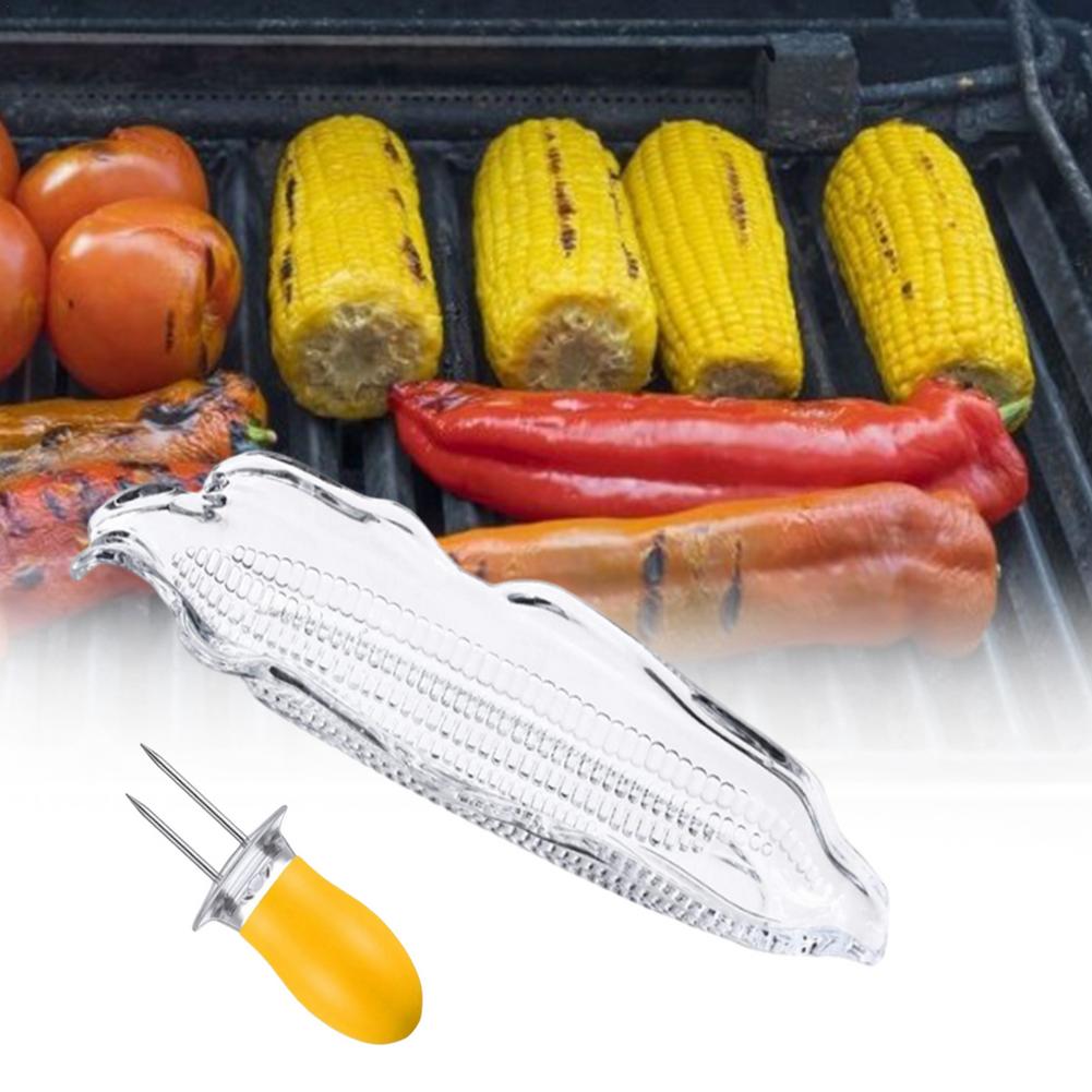 4Pcs Corn Lade En 4Pcs Corn Cob Houder Set Abs Maïs Gerechten Service Lade Transparant Cob Servies voor Boter Maïs