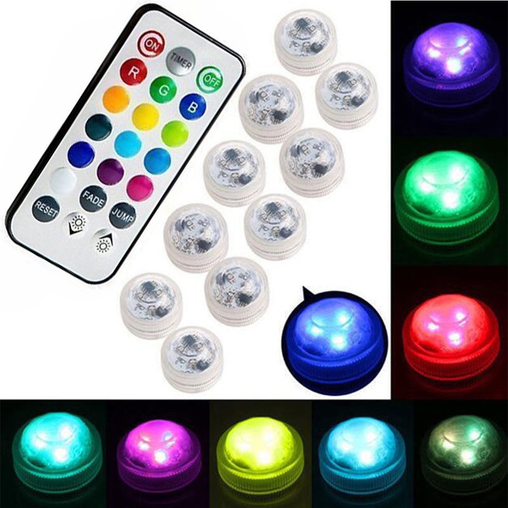 10Pcs LED Remote Controlled RGB Submersible Battery Light Underwater Night Lamp Outdoor Garden Party Decoration Aquarium Light Z