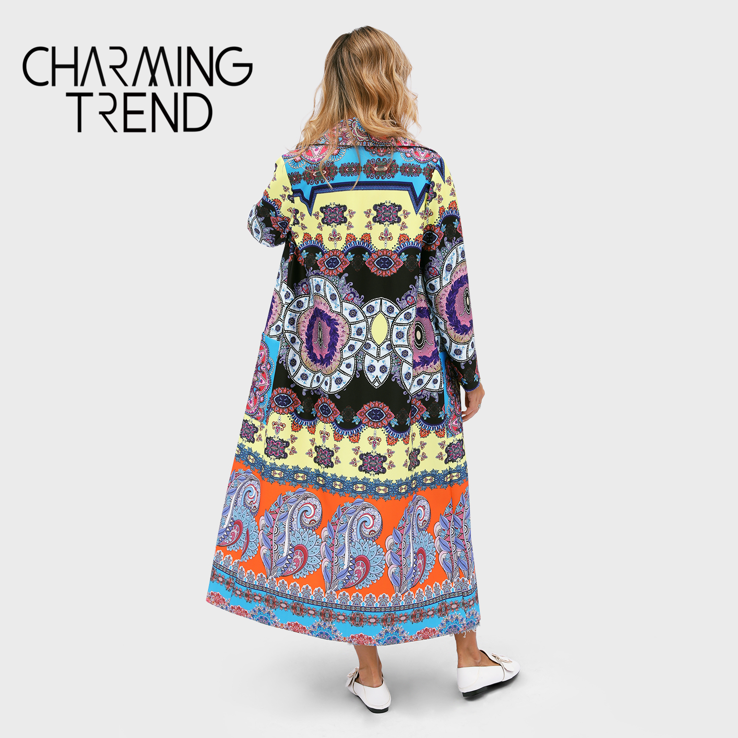 schick Ethnische stil Revers Blumen- Gedruckt Übergröße Lange frauen Mantel Blumen- drucken Frühling Straße Stil max Frauen Jacke