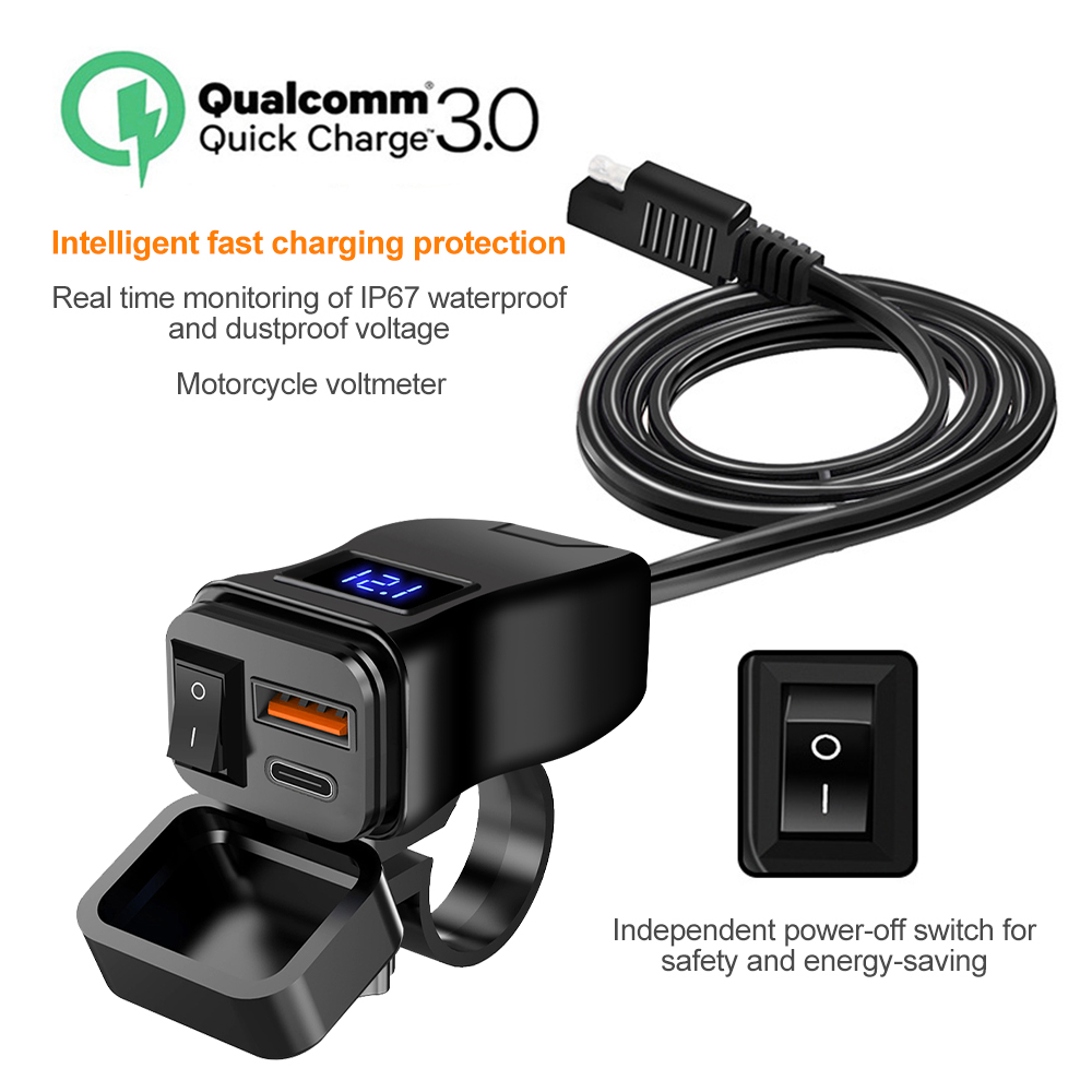 PD QC3.0-cargador celular rápido USB para motocicleta, conector de enchufe de puerto tipo C resistente al agua con voltímetro móvil, carga Digital