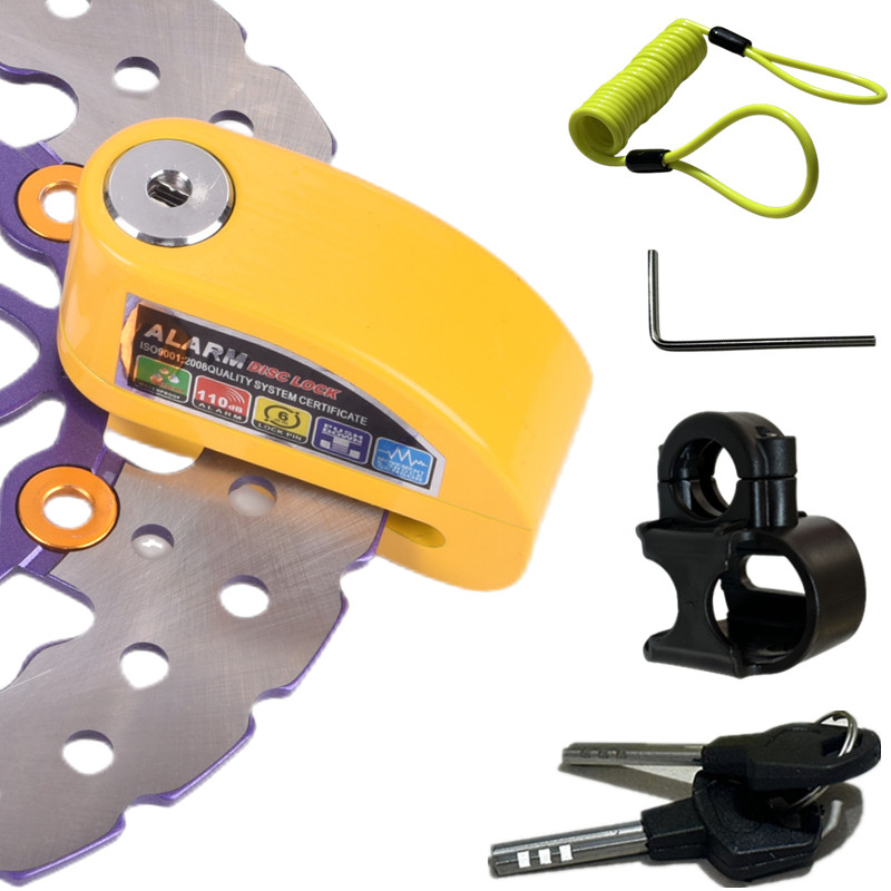 Blocco allarme moto impermeabile Blocco antifurto di sicurezza per scooter bici Blocco freno a disco moto + staffa di blocco + corda promemoria: YELLOW