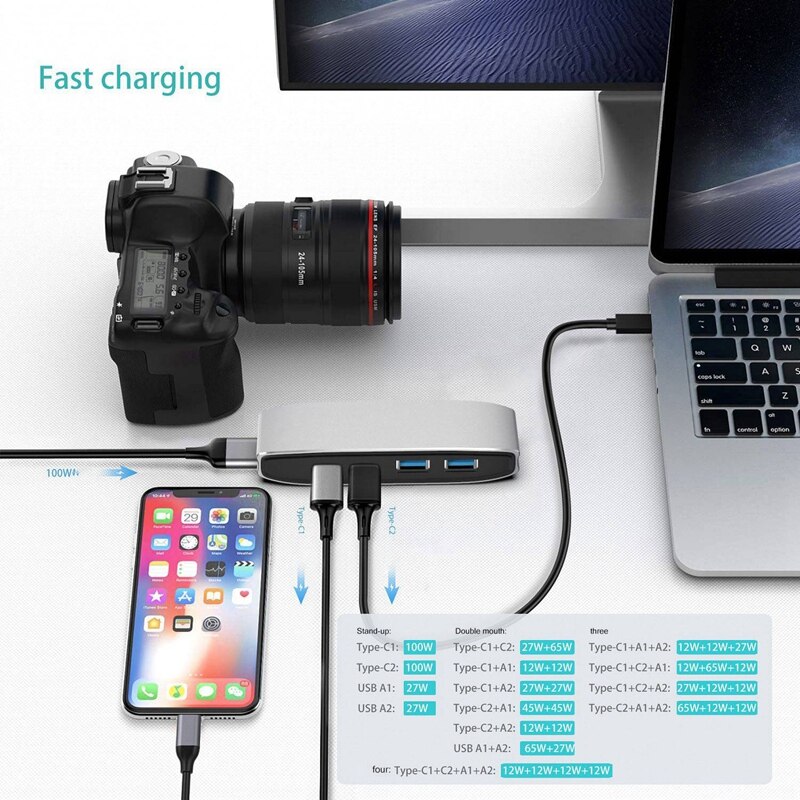 USB C HUB 4-In-1 USB C Adapter With 2 USB 3.0 Ports 100W PD Power Support Multiple Fast Charging Protocols