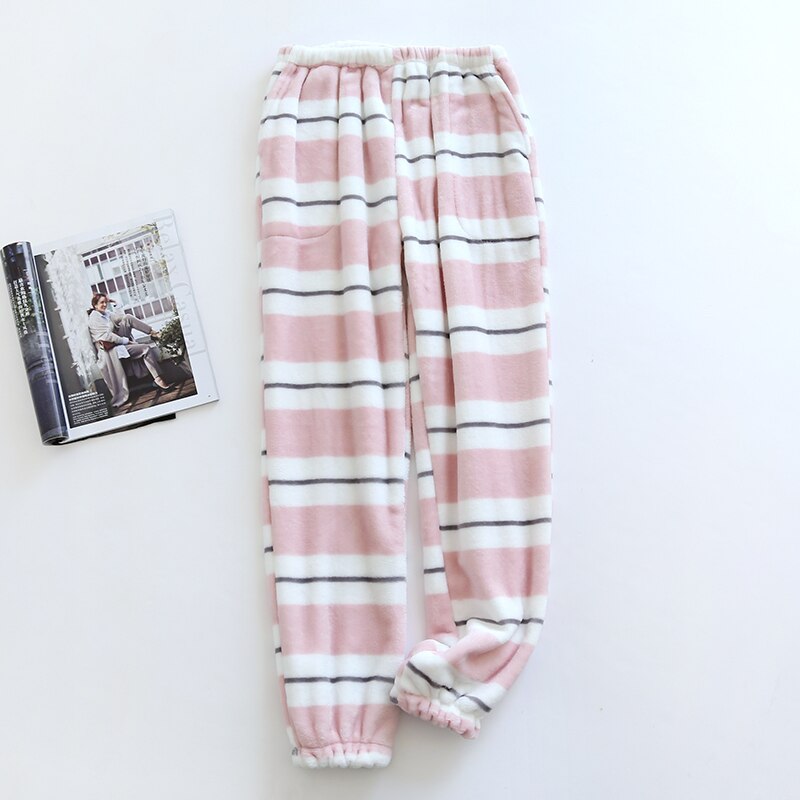 Ropa de casa de franela cálida para Mujer, pantalones de pijama gruesos de terciopelo, pantalón de dormir, ropa de invierno: Pink Stripes / XL