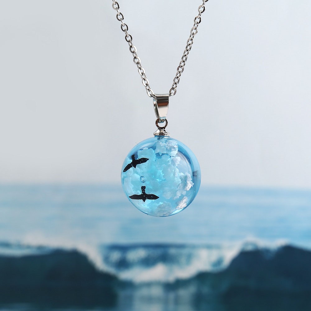 Modyle Transparent Resin Round Ball Pendant Necklace Women Blue Sky White Cloud Chains Necklaces Jewelry