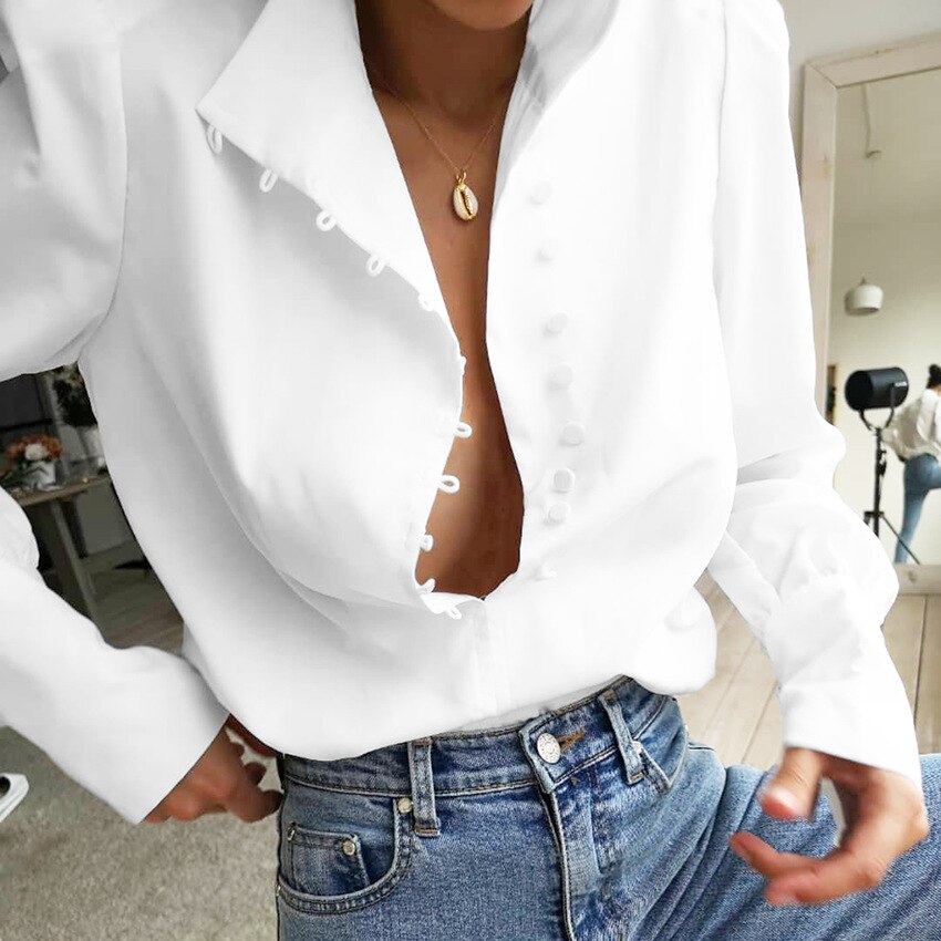 Blusa de cuello alto para mujer, camisa blanca de manga larga para oficina, Top informal liso con manga abombada, 2022