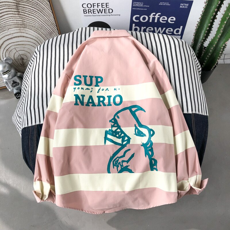 Casual skjorter herre pink langærmet stribet bluse stor størrelse herreskjorte vintagetøj streetwear baggy koreansk stil tøj: Lyserød / L