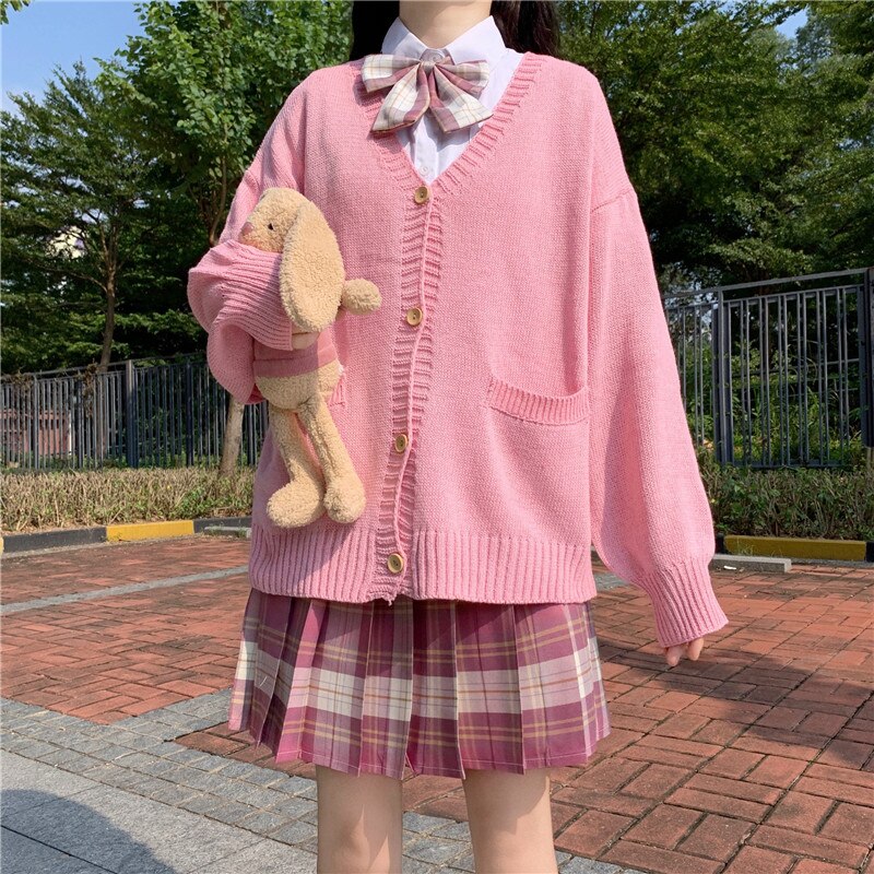 Japonés estilo universitario JK uniforme abrigo suéter chica dulce con cuello en V de la mediados de-longitud con cuello en V ropa chaqueta de chica de la escuela: Rosa