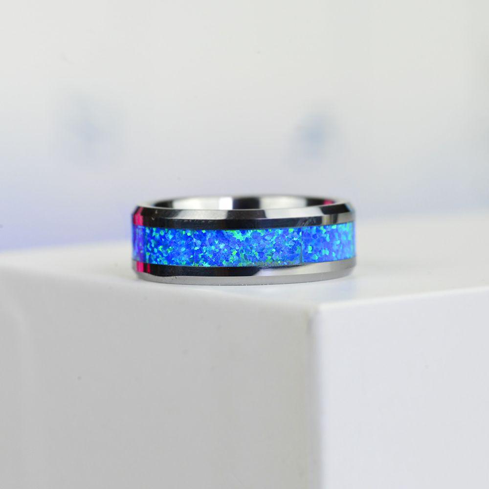 I & FDLK Luxury Blue Fire Opal Stainless Steel Rings Never Fade Engagement Ring Men's Wedding Jewelry