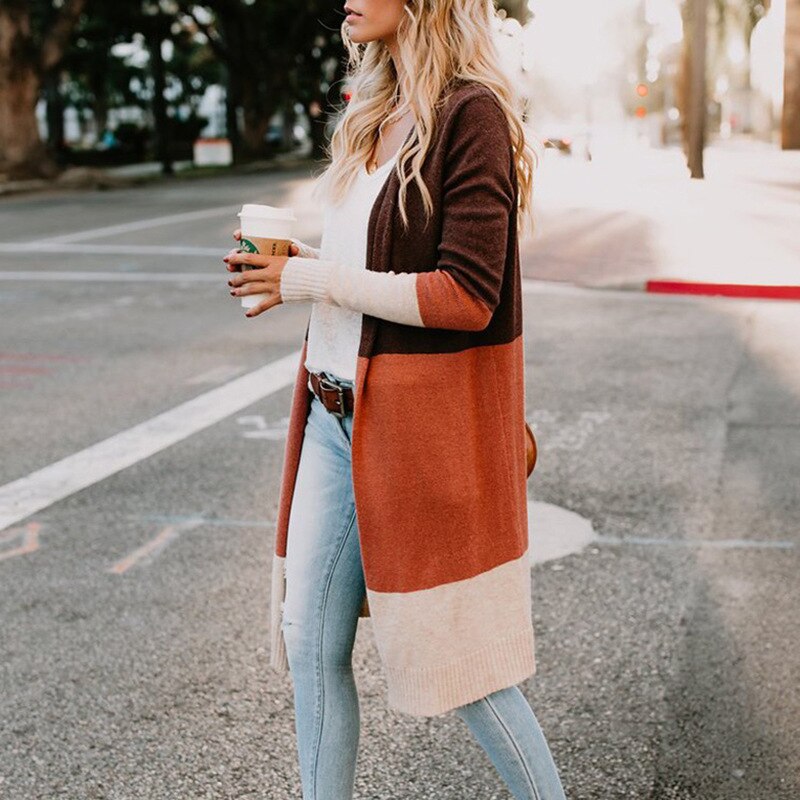 Ouvert Devant Trois Couleurs Bande Épissage Pull Long Cardigan Survêtement