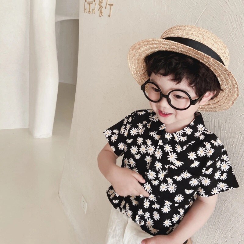 Verão 2021 meninos margarida imprimir camisas de manga curta estilo coreano crianças algodão casual fino topos roupas