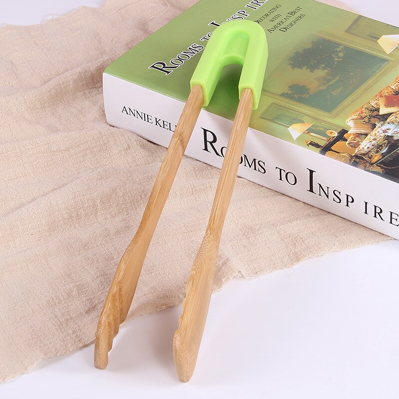 Pinzas para comida de bambú tostar, pastel de madera, ensalada bolsa con Clip para aperitivos, mango de silicona, pinzas para pan y barbacoa, utensilios de cocina, pinchos: Caqui oscuro