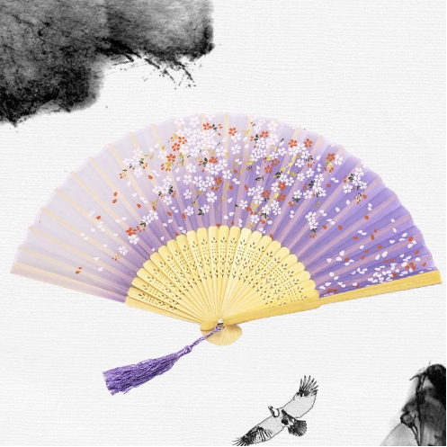 Abanico plegable de mano de seda con estampado de estilo japonés chino tradicional, borla de mango de madera, de boda , decoración del hogar: plum