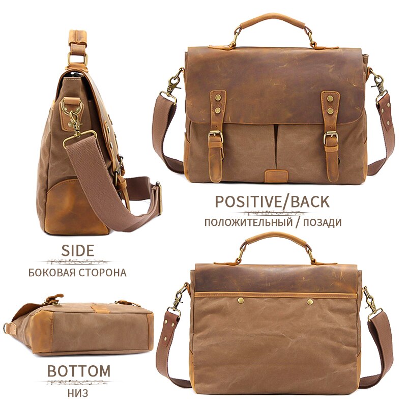 MARKROYAL Vintage Crazy Horse cuero lona bolsas de mensajero maletín para ordenador portátil bolso cruzado