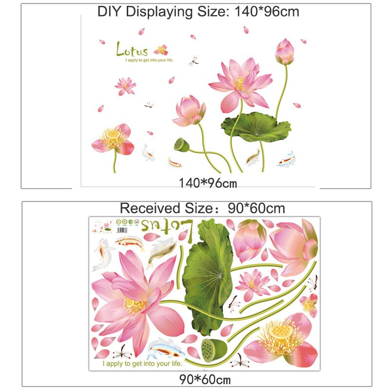 Modern Pink Lotus Flower Wall Stickers Green Leaves for Living Room Waterproof TV Background Art Decals Bedroom Large Size PVC