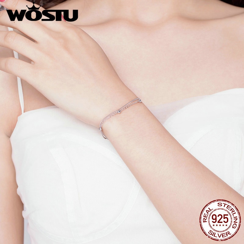 WOSTU Parallel Chains With Silver Bead Bracelets 925 Sterling Silver For Women Chain Link Silver 925 Jewelry CQB131