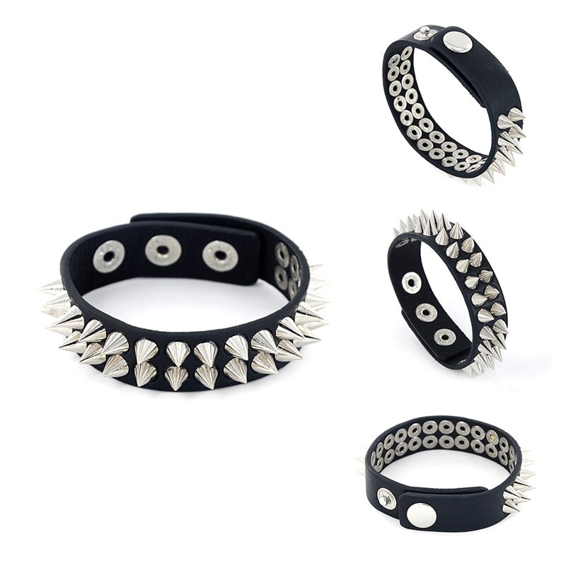 Gothic Delicate Cuspidal Spikes Niet Cone Stud Manschette Schwarze Leder Armschmuck Punk Armband Für Frauen Männer Schmuck