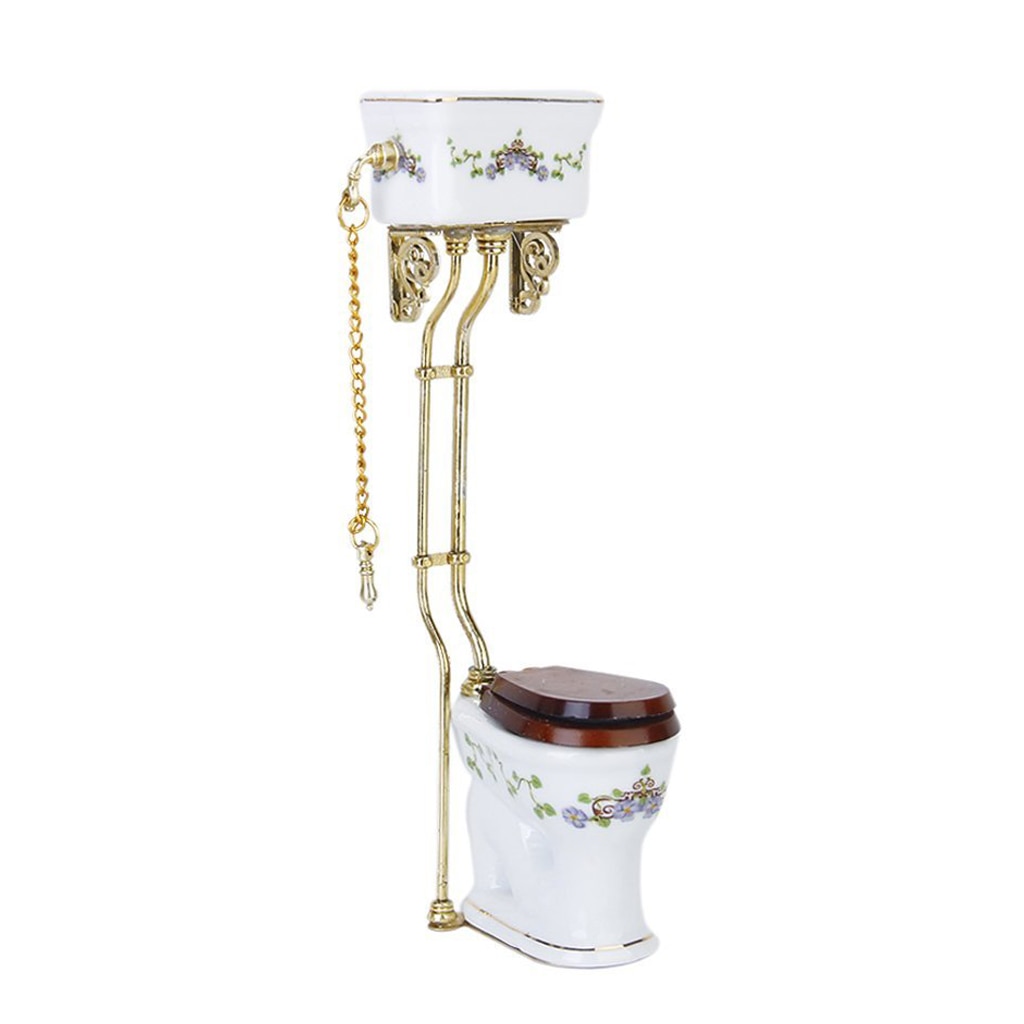 Vintage victoriansk stil badeværelse porcelæn toilet dukkehus miniature hvid + guld