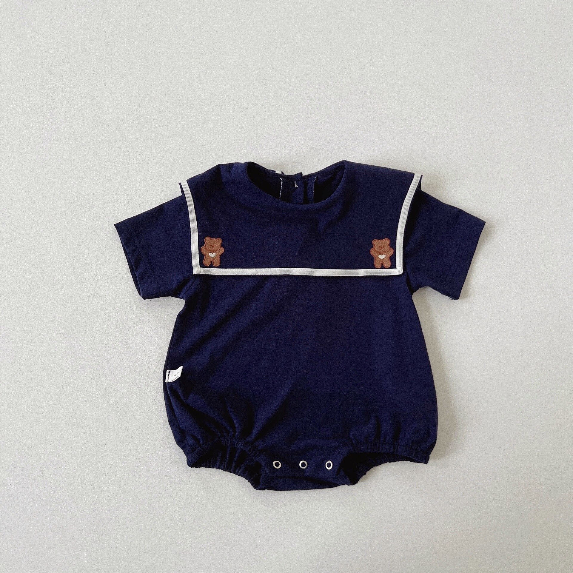 2022 Mode Baby Jongens Korte Mouw Bodysuit Peuter Meisjes Cartoon Beer Borduurwerk Jumpsuit Outfits Sailor Kraag Kleding: navy / 3-6M 66cm