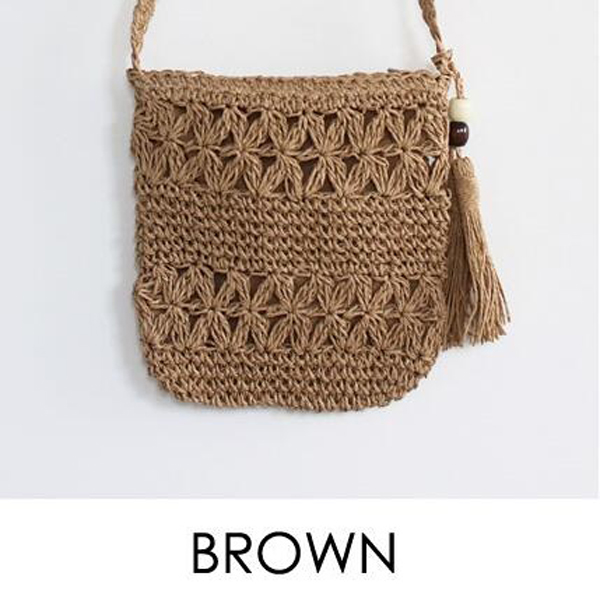 Femme été tissé creux paille croix corps sacs fermeture éclair crochet fleur sac de messager gland paille sac à bandoulière marron beige 2 couleur: brown