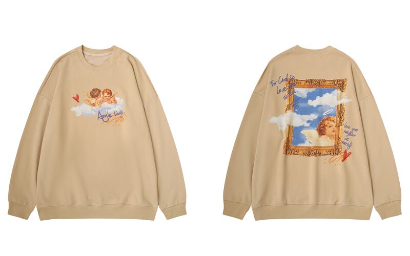 Gonthwid Hoodies Sweatshirts Streetwear Mannen Hip Hop Harajuku Casual Godin Kind Angel Print Trui Tops Uitloper Mannelijke: Khaki / XL