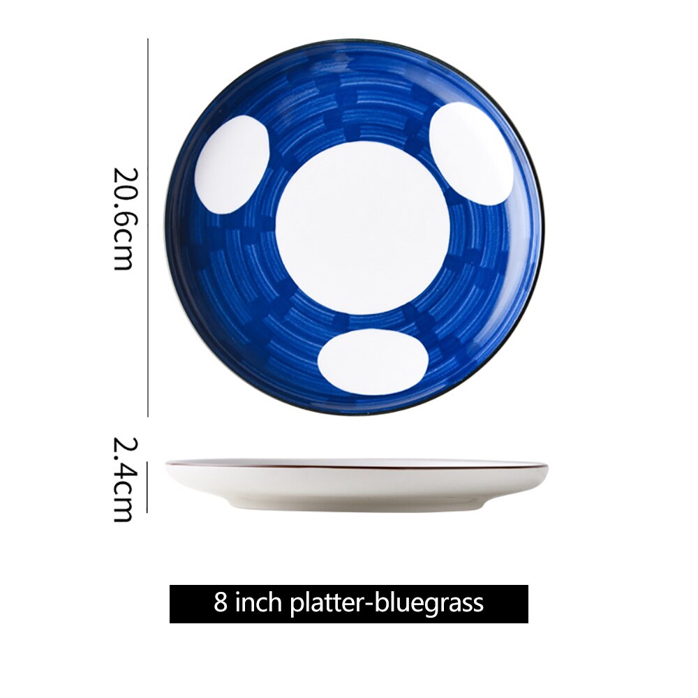 8Inch Japanese Ceramic Round Dish Home Breakfast Plate Pasta Dessert Steak Western Dish Hand-Painted Simple Decoration 1PC: D5