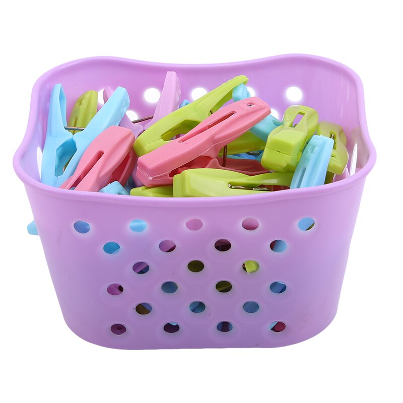 30PCS Plastic Laundry Clothes Pegs Decorative Clothes Pegs Clothespin Organizer Towel Washing Clips Large With Storage Basket: purple