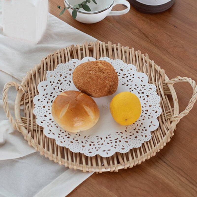 Best Rattan Round Fruit Tray with Handle Storage Tray Breakfast Table Storage Basket Pastoral Rattan Tray Bread Tray